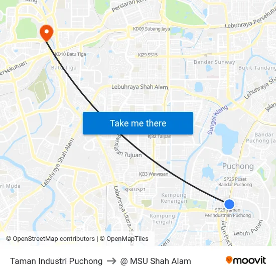 Taman Industri Puchong to @ MSU Shah Alam map