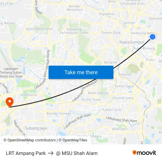 LRT Ampang Park to @ MSU Shah Alam map