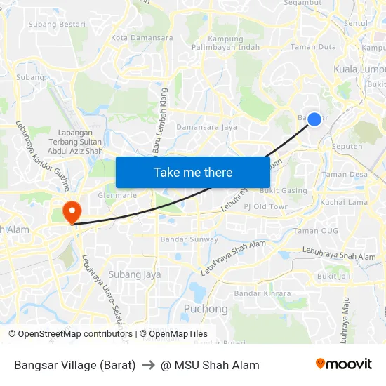 Bangsar Village (Barat) to @ MSU Shah Alam map