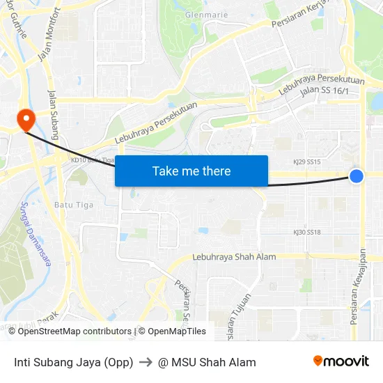 Inti Subang Jaya (Opp) to @ MSU Shah Alam map