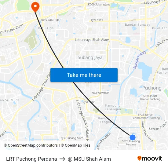 LRT Puchong Perdana to @ MSU Shah Alam map