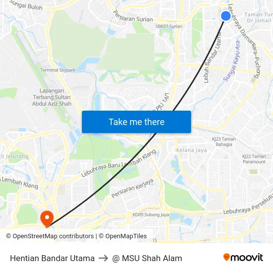 Hentian Bandar Utama to @ MSU Shah Alam map