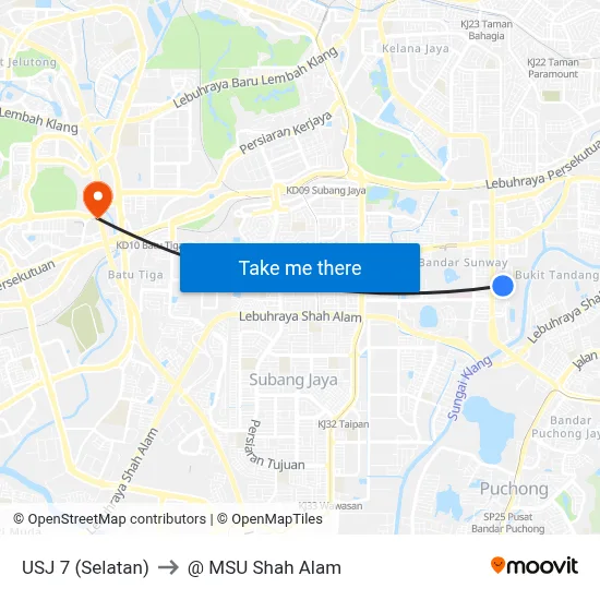 USJ 7 (Selatan) to @ MSU Shah Alam map