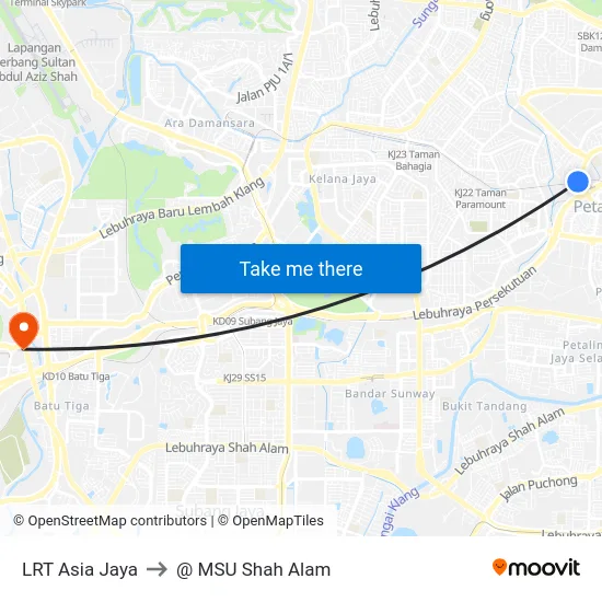 LRT Asia Jaya to @ MSU Shah Alam map
