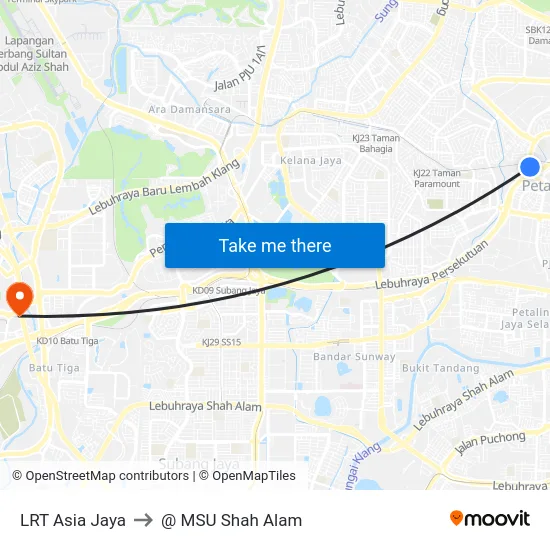 LRT Asia Jaya to @ MSU Shah Alam map