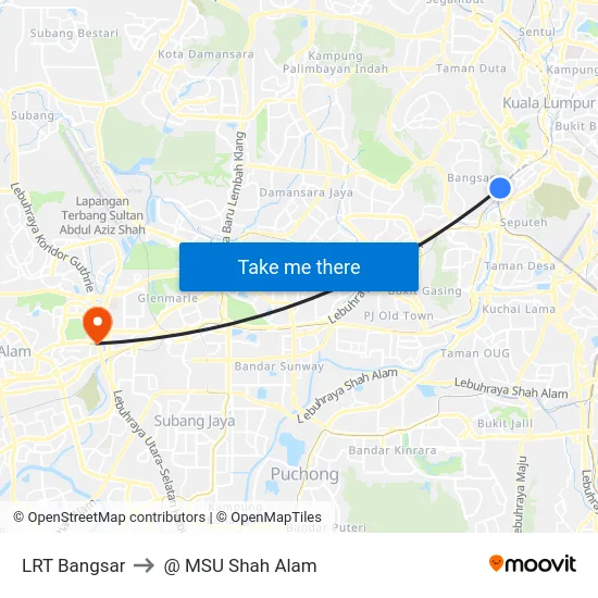 LRT Bangsar to @ MSU Shah Alam map