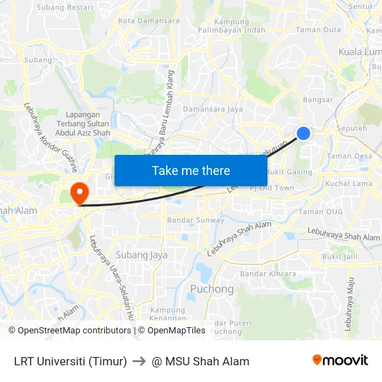 LRT Universiti (Timur) to @ MSU Shah Alam map