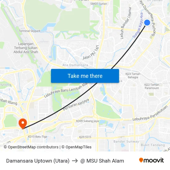 Damansara Uptown (Utara) to @ MSU Shah Alam map