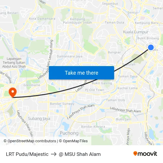 LRT Pudu/Majestic to @ MSU Shah Alam map