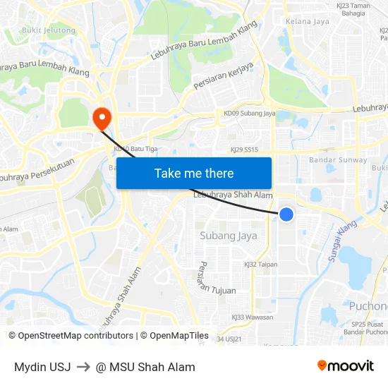 Mydin USJ to @ MSU Shah Alam map