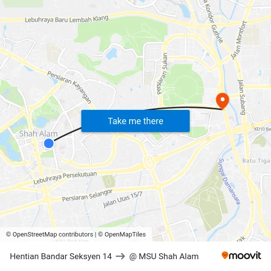 Hentian Bandar Seksyen 14 to @ MSU Shah Alam map
