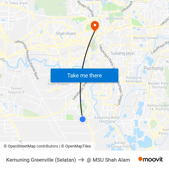 Kemuning Greenville (Selatan) to @ MSU Shah Alam map