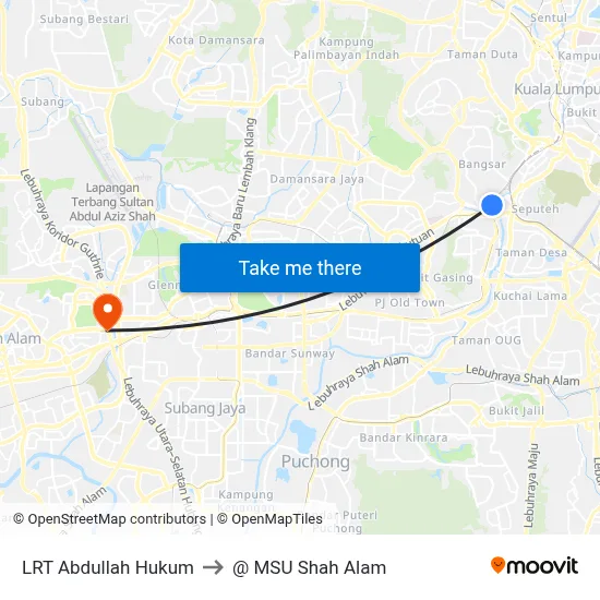 LRT Abdullah Hukum to @ MSU Shah Alam map