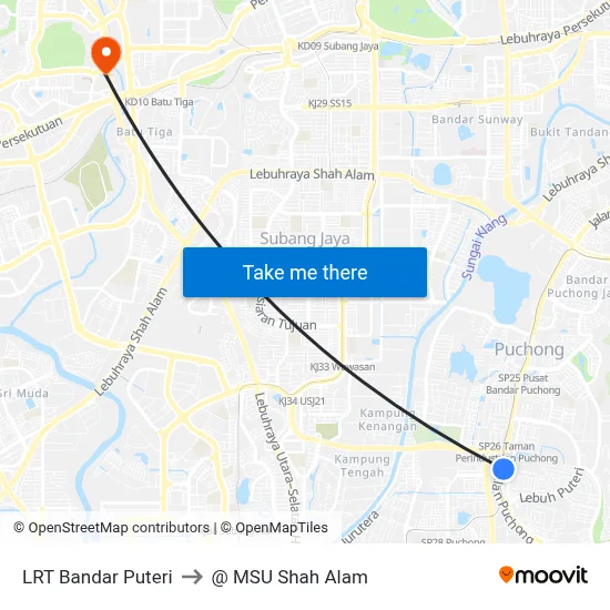 LRT Bandar Puteri to @ MSU Shah Alam map