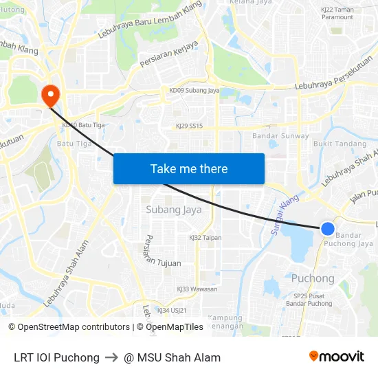 LRT IOI Puchong to @ MSU Shah Alam map