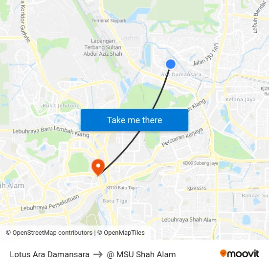 Lotus Ara Damansara to @ MSU Shah Alam map