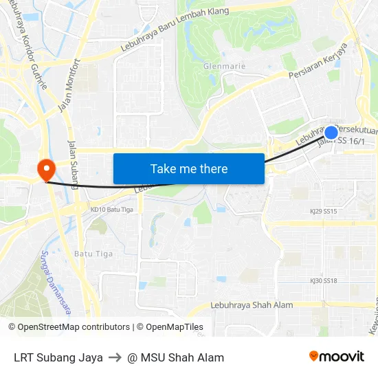 LRT Subang Jaya to @ MSU Shah Alam map