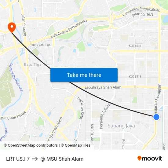 LRT USJ 7 to @ MSU Shah Alam map