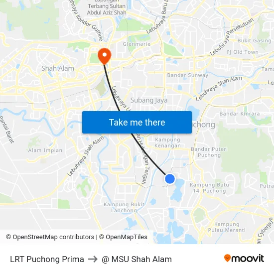 LRT Puchong Prima to @ MSU Shah Alam map