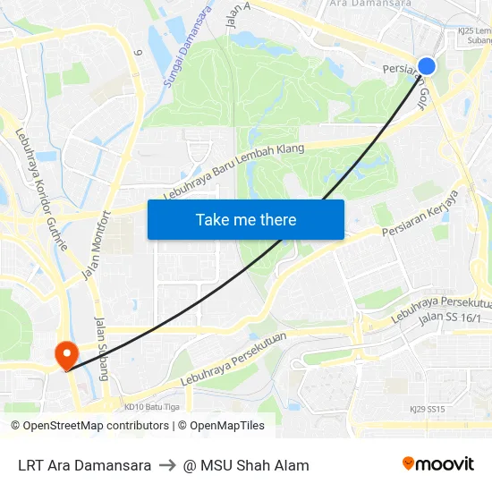 LRT Ara Damansara to @ MSU Shah Alam map