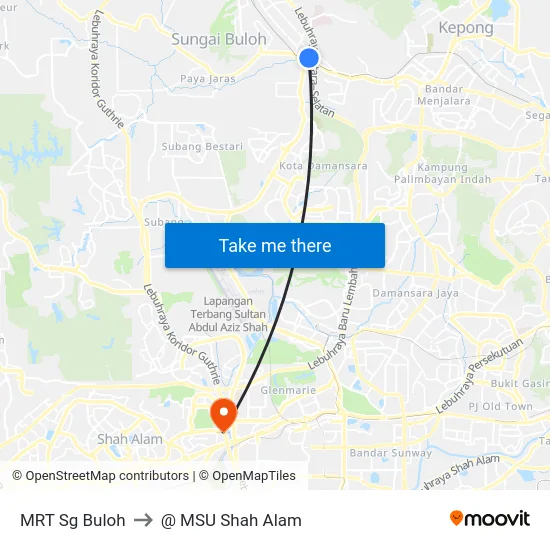 MRT Sg Buloh to @ MSU Shah Alam map