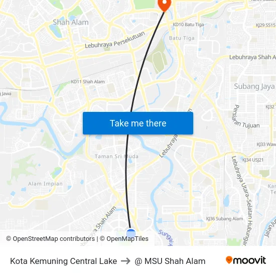 Kota Kemuning Central Lake to @ MSU Shah Alam map