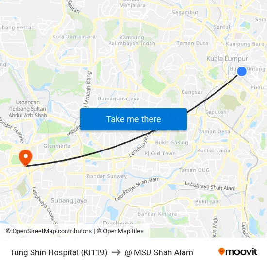 Tung Shin Hospital (Kl119) to @ MSU Shah Alam map