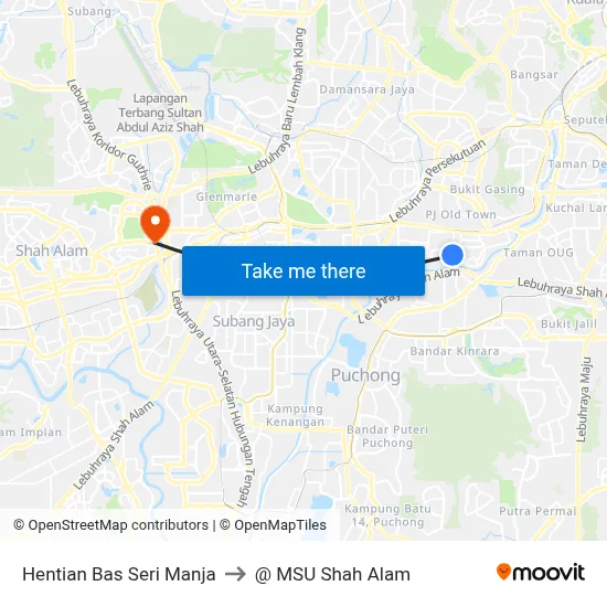 Hentian Bas Seri Manja to @ MSU Shah Alam map