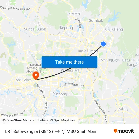 LRT Setiawangsa (Kl812) to @ MSU Shah Alam map