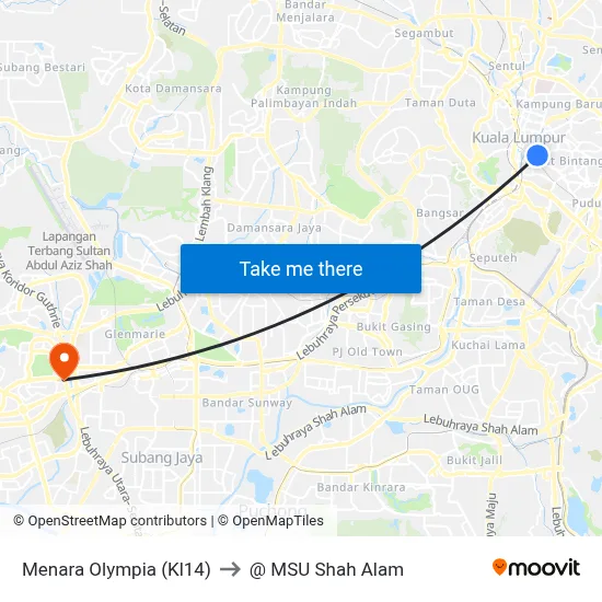 Menara Olympia (Kl14) to @ MSU Shah Alam map