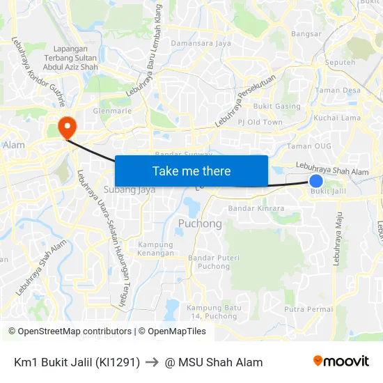 Km1 Bukit Jalil (Kl1291) to @ MSU Shah Alam map