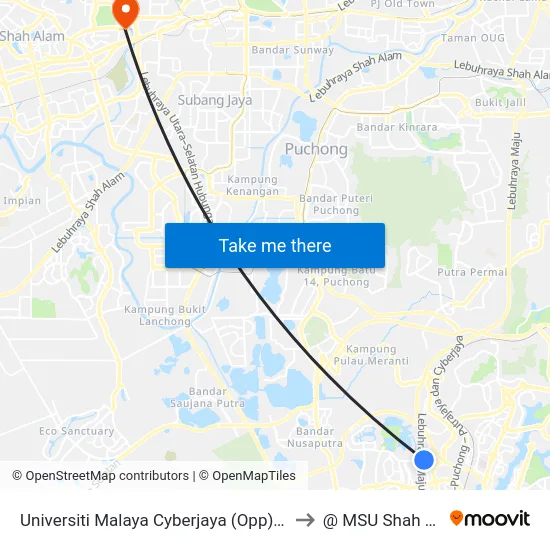 Universiti Malaya Cyberjaya (Opp) (Sp345) to @ MSU Shah Alam map