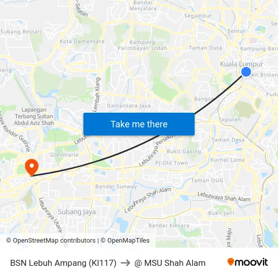 BSN Lebuh Ampang (Kl117) to @ MSU Shah Alam map