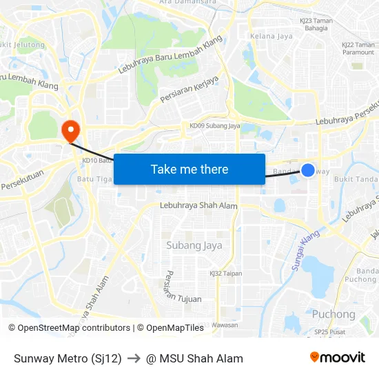 Sunway Metro (Sj12) to @ MSU Shah Alam map