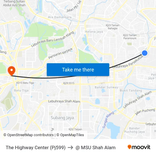 The Highway Center (Pj599) to @ MSU Shah Alam map