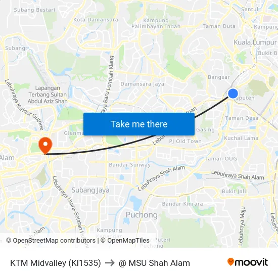 KTM Midvalley (Kl1535) to @ MSU Shah Alam map