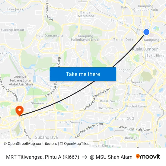 MRT Titiwangsa, Pintu A (Kl667) to @ MSU Shah Alam map