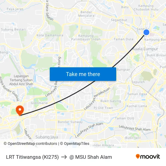 LRT Titiwangsa (Kl275) to @ MSU Shah Alam map