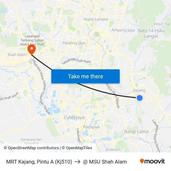 MRT Kajang, Pintu A (Kj510) to @ MSU Shah Alam map