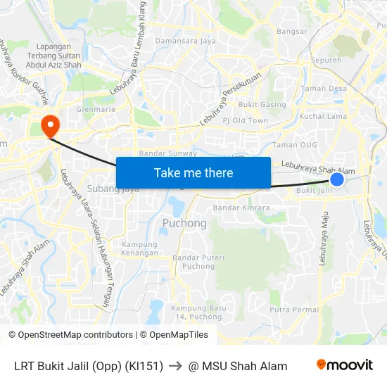 LRT Bukit Jalil (Opp) (Kl151) to @ MSU Shah Alam map