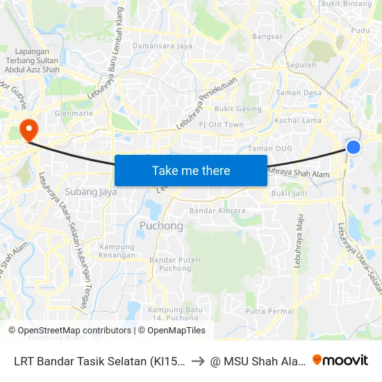LRT Bandar Tasik Selatan (Kl152) to @ MSU Shah Alam map