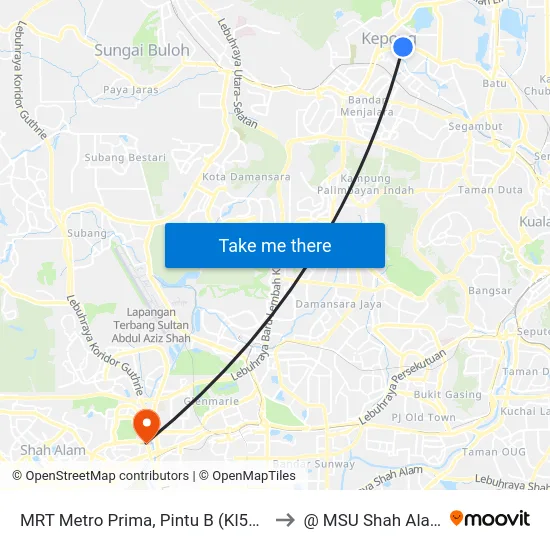 MRT Metro Prima, Pintu B (Kl560) to @ MSU Shah Alam map