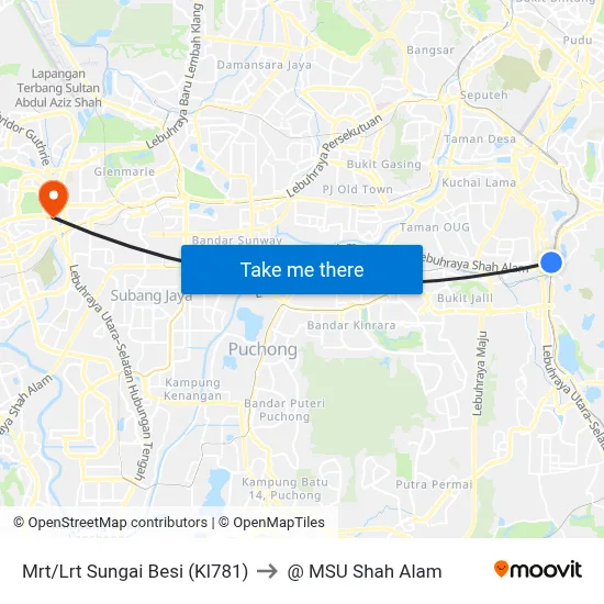 Mrt/Lrt Sungai Besi (Kl781) to @ MSU Shah Alam map