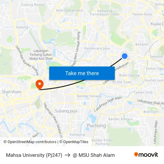Mahsa University (Pj247) to @ MSU Shah Alam map