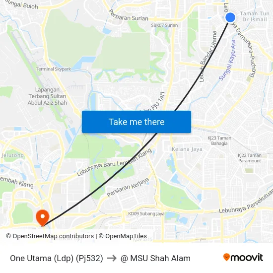One Utama (Ldp) (Pj532) to @ MSU Shah Alam map