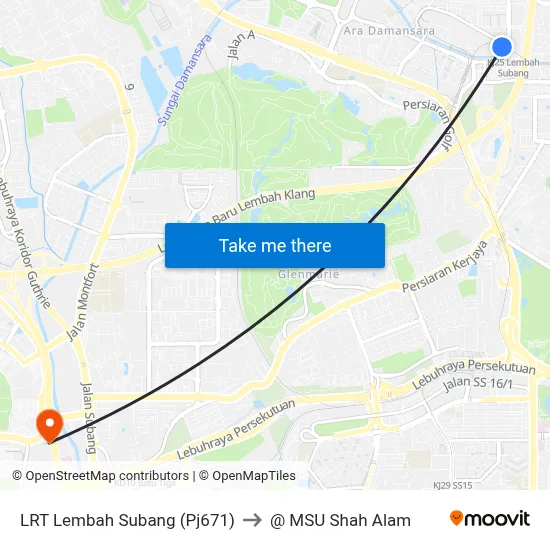 LRT Lembah Subang (Pj671) to @ MSU Shah Alam map