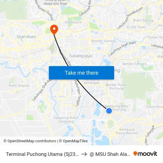 Terminal Puchong Utama (Sj237) to @ MSU Shah Alam map