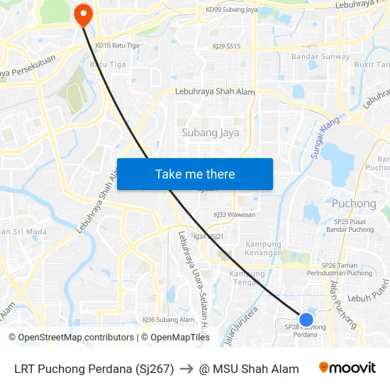 LRT Puchong Perdana (Sj267) to @ MSU Shah Alam map