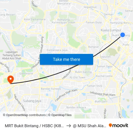 MRT Bukit Bintang / HSBC (Kl86) to @ MSU Shah Alam map