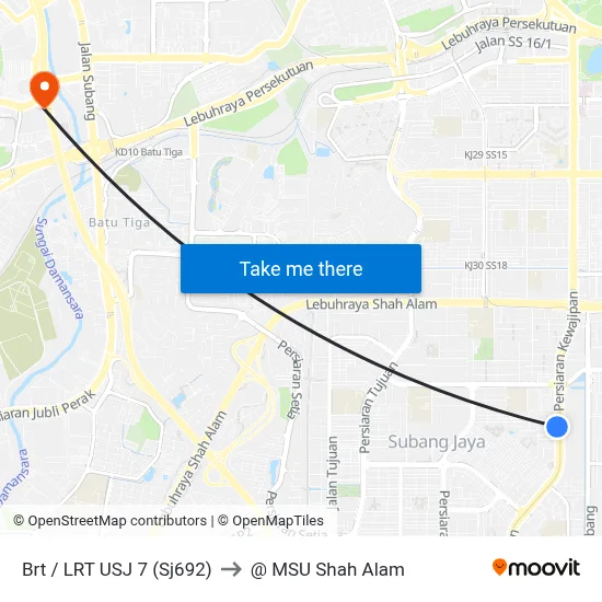 Brt / LRT USJ 7 (Sj692) to @ MSU Shah Alam map